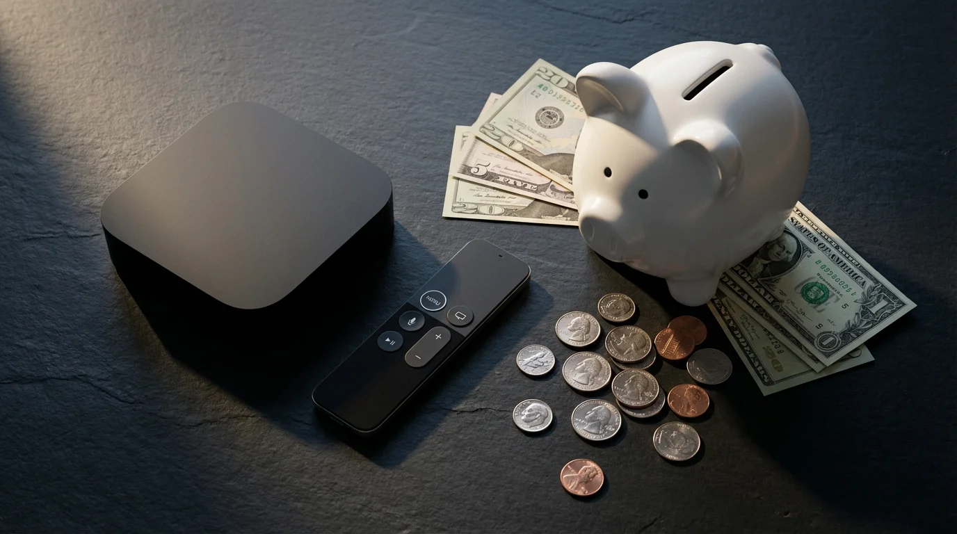 Flat lay of a streaming box, remote, piggy bank, and money, representing cost analysis.