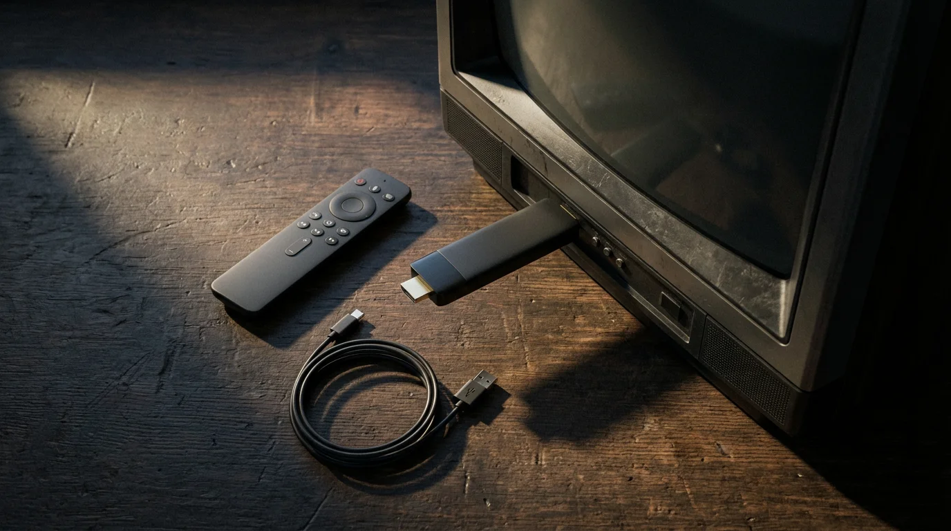 Flat lay of a streaming stick and remote next to an older television's HDMI port.