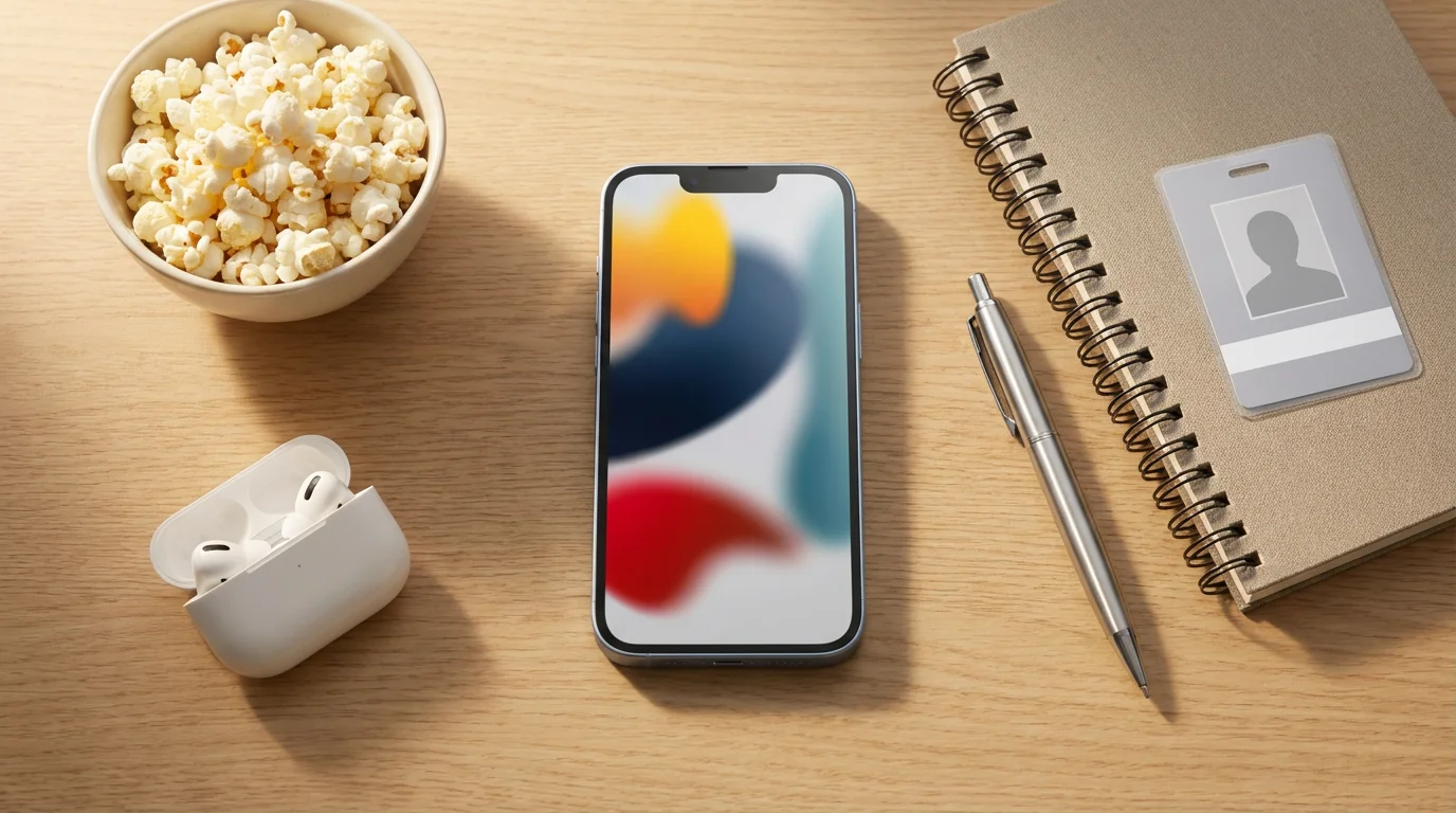 Flat lay of a student's desk with a smartphone, popcorn, and a student ID.