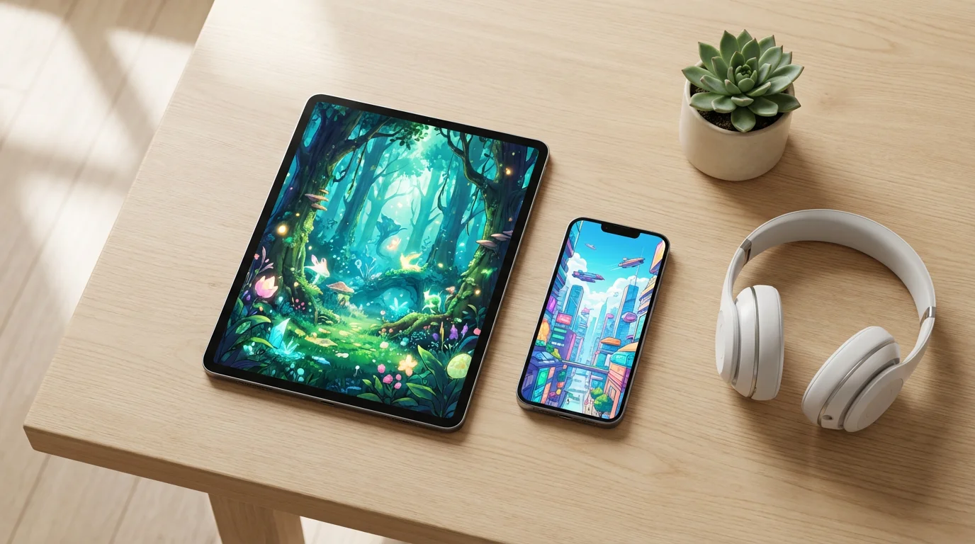 Flat lay of a tablet and smartphone displaying anime next to headphones.