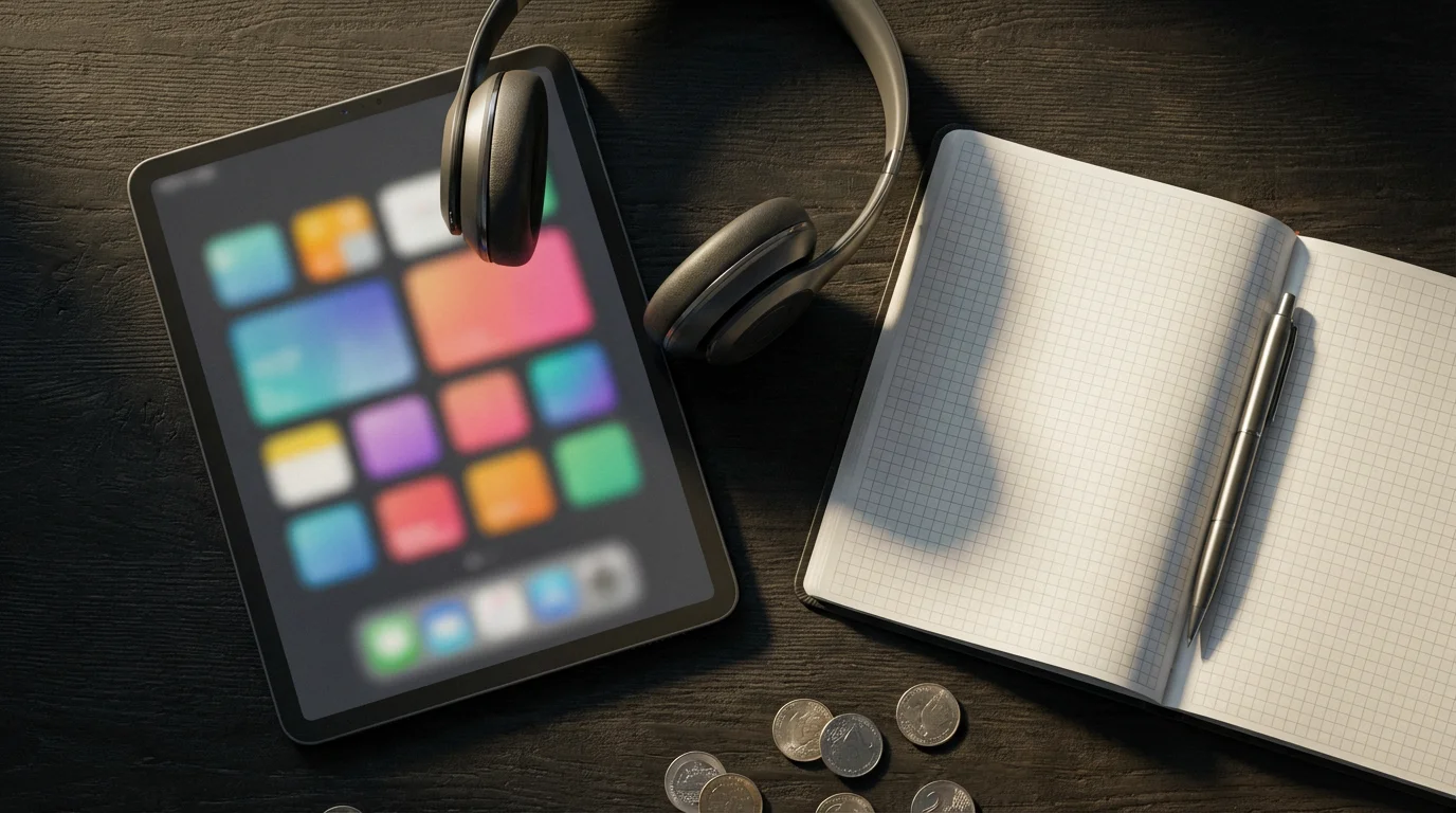 Flat lay of a tablet, headphones, notebook, and coins on a desk, representing streaming savings.