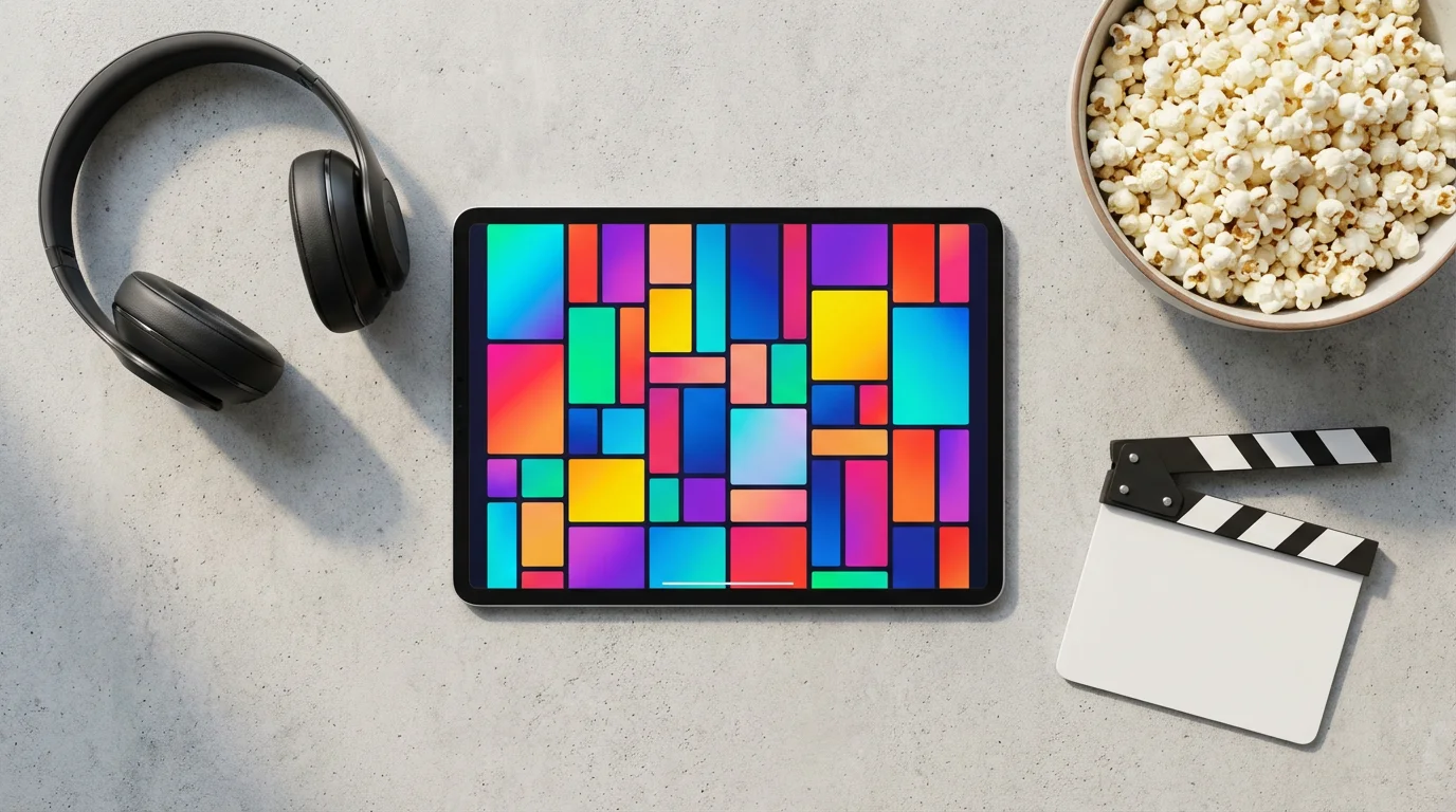 Flat lay of a tablet, popcorn, headphones, and movie clapperboard symbolizing a diverse streaming library.