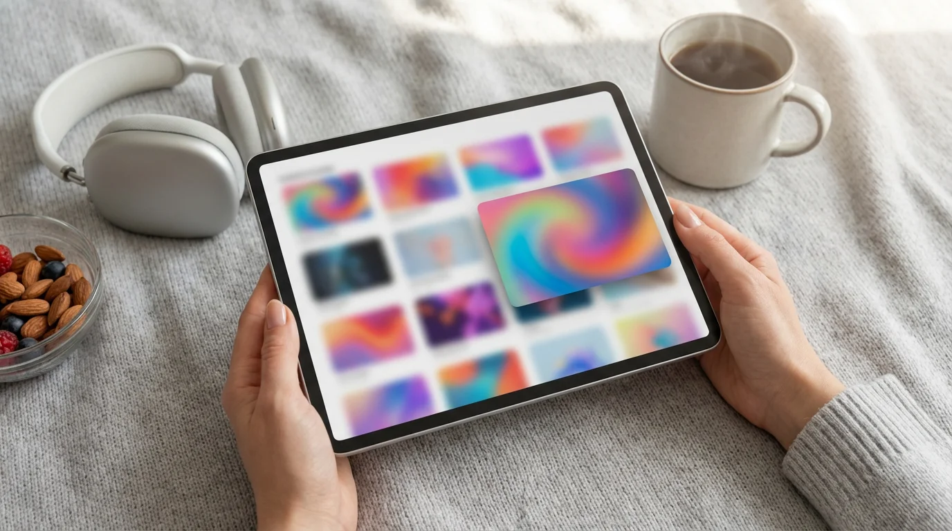 Flat lay of a tablet showing media thumbnails, with headphones, a snack, and coffee.