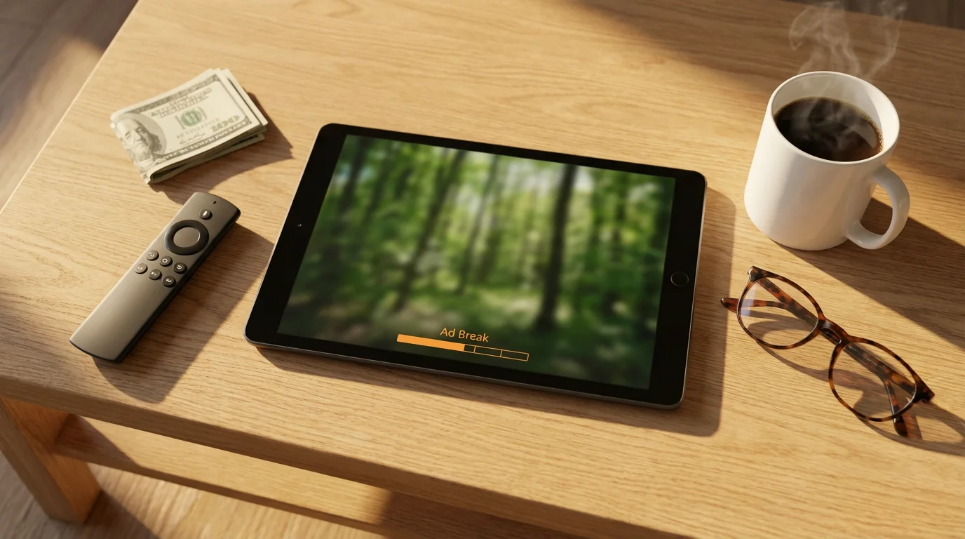 Flat lay of a tablet, TV remote, money, and coffee on a table.