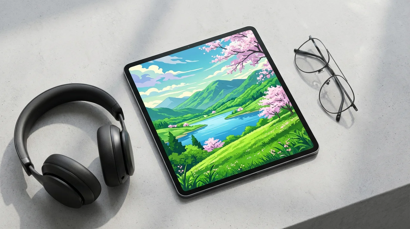 Flat lay of a tablet with an anime scene, flanked by headphones and eyeglasses.
