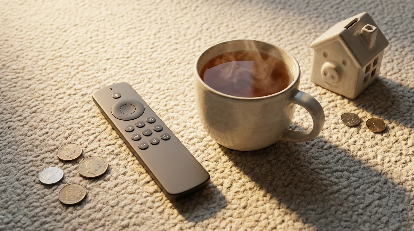 Flat lay of a TV remote, a piggy bank, and a mug of tea.