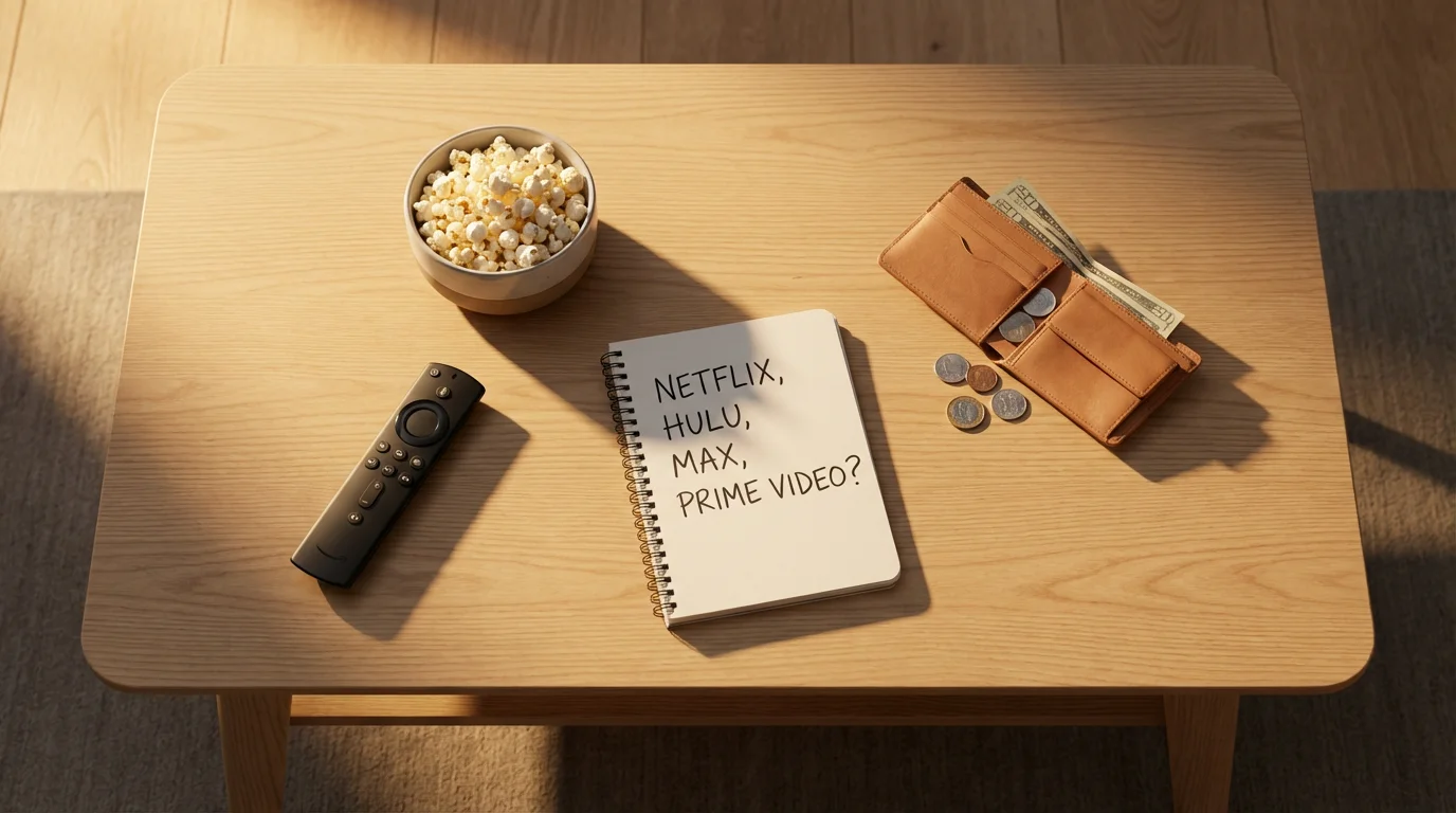 Flat lay of a TV remote and popcorn versus a wallet and coins, symbolizing cost.