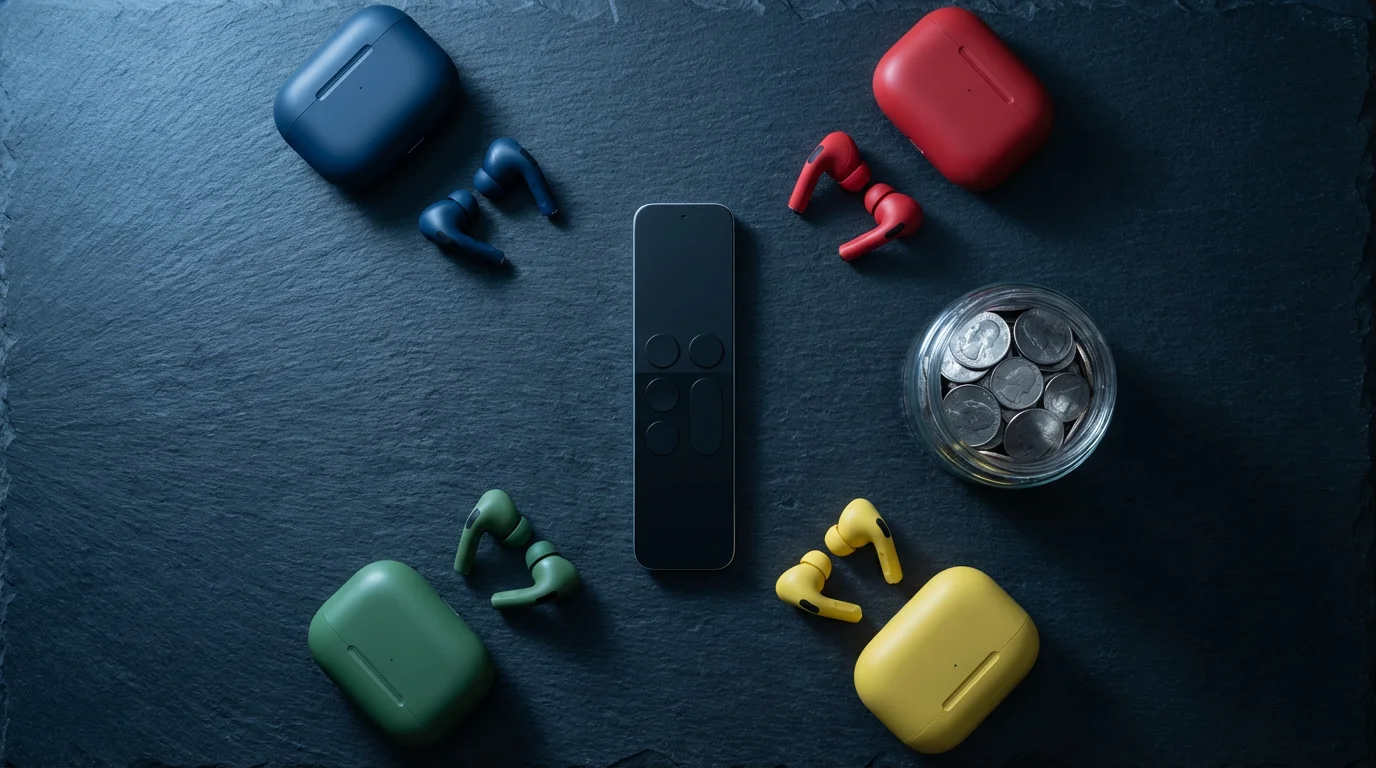 Flat lay of a TV remote, earbuds, and jar of coins symbolizing family savings.