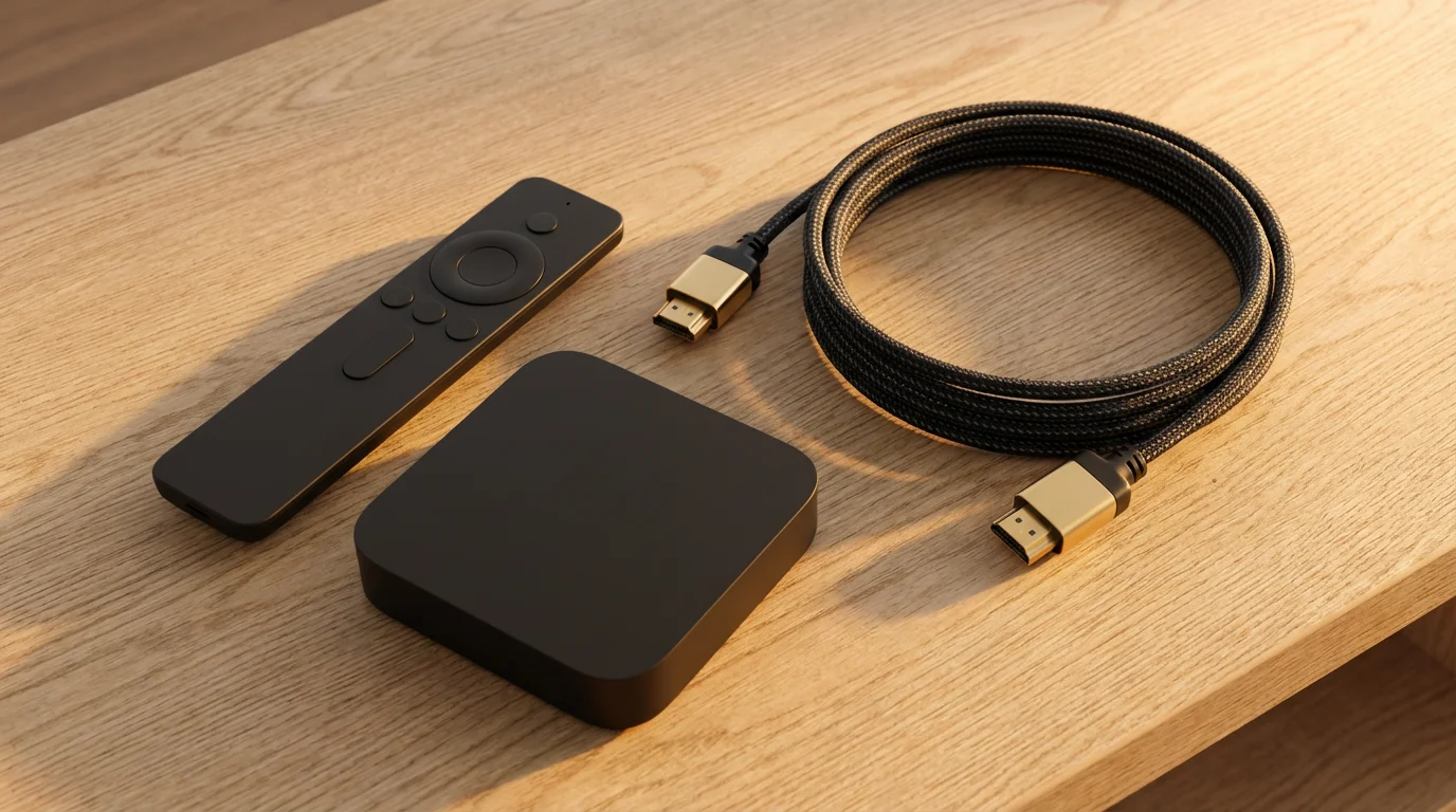 Flat lay of a TV remote, streaming media player, and HDMI cable at golden hour.