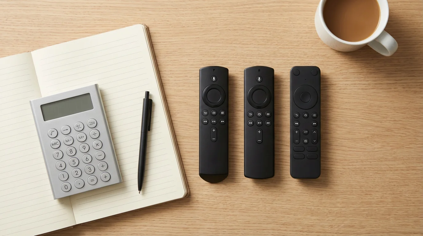 Flat lay of calculator, notebook, and TV remotes on a wooden desk.