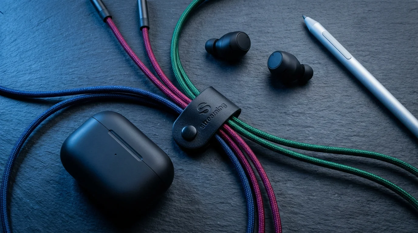 Flat lay of colorful bundled cables, wireless earbuds, and a stylus on a dark surface.