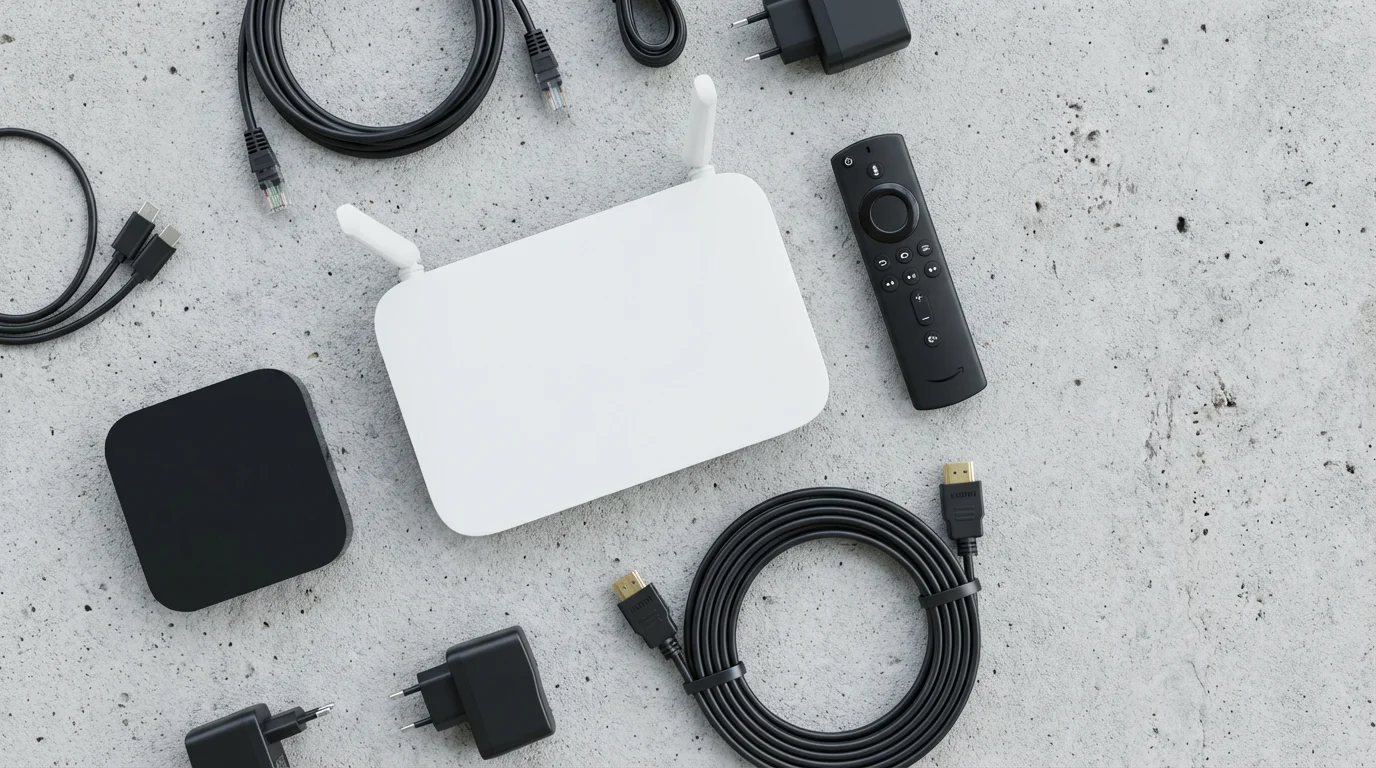 Flat lay of essential streaming equipment including a router, remote, and HDMI cable.