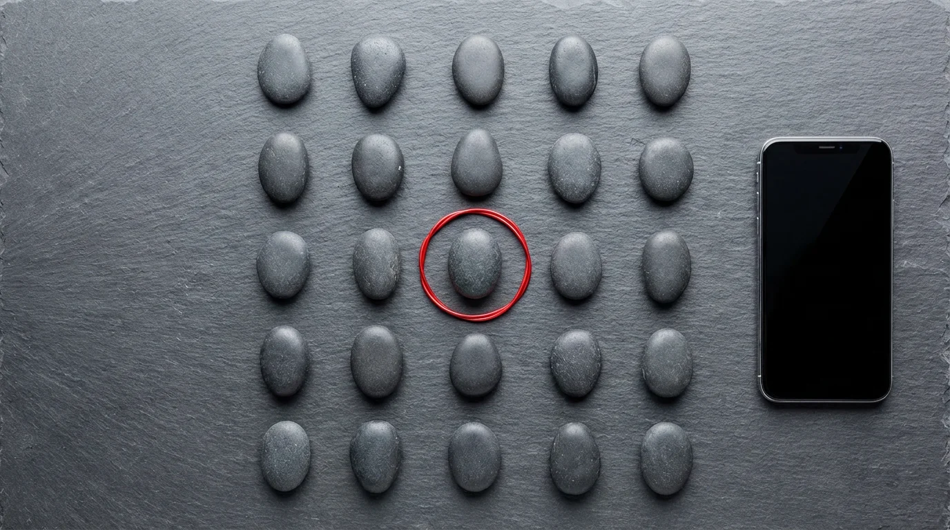 Flat lay of gray stones in a grid with one circled in red, symbolizing blocking.