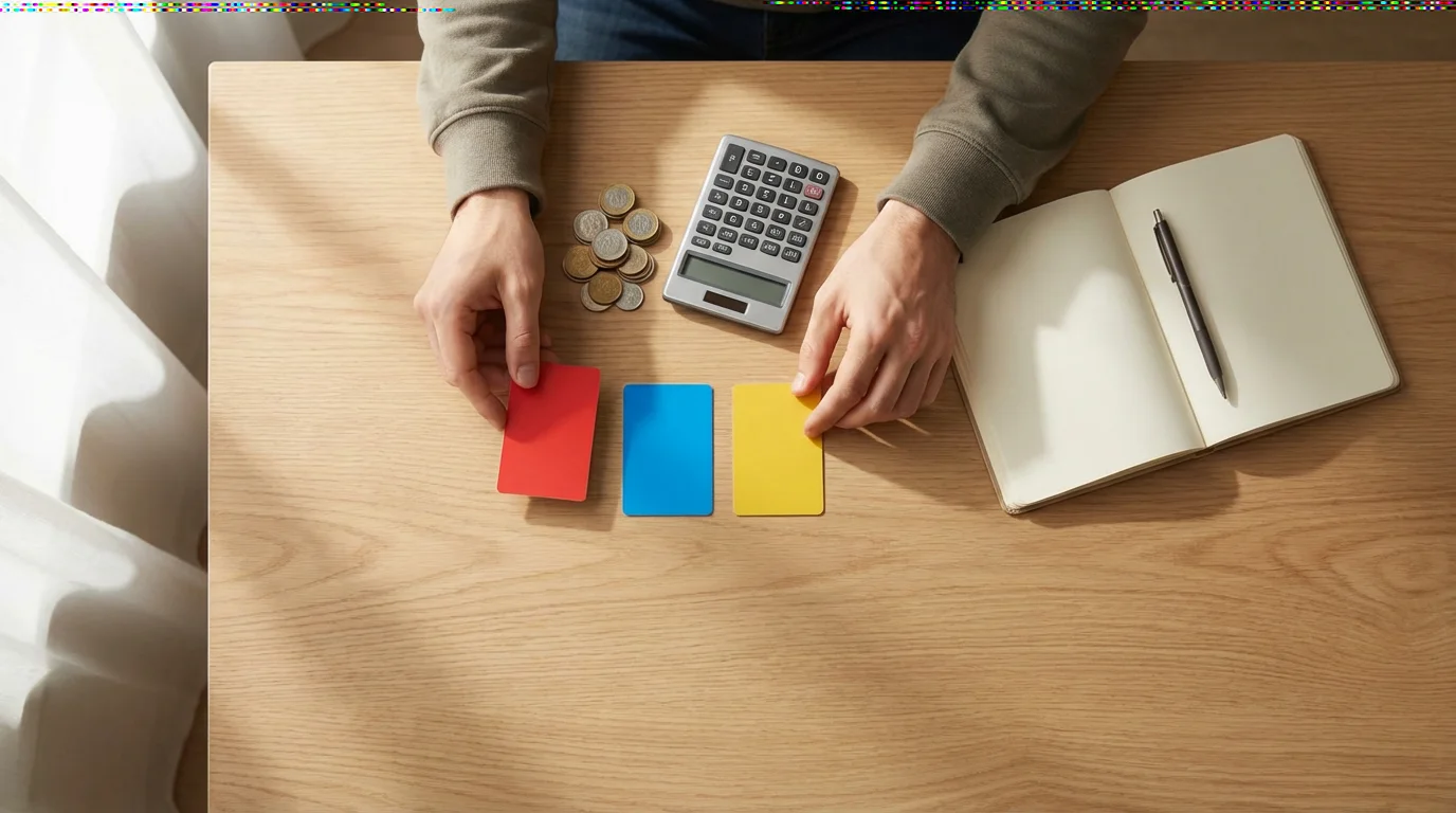 Flat lay of hands managing subscription cards with a calculator and coins on a desk.