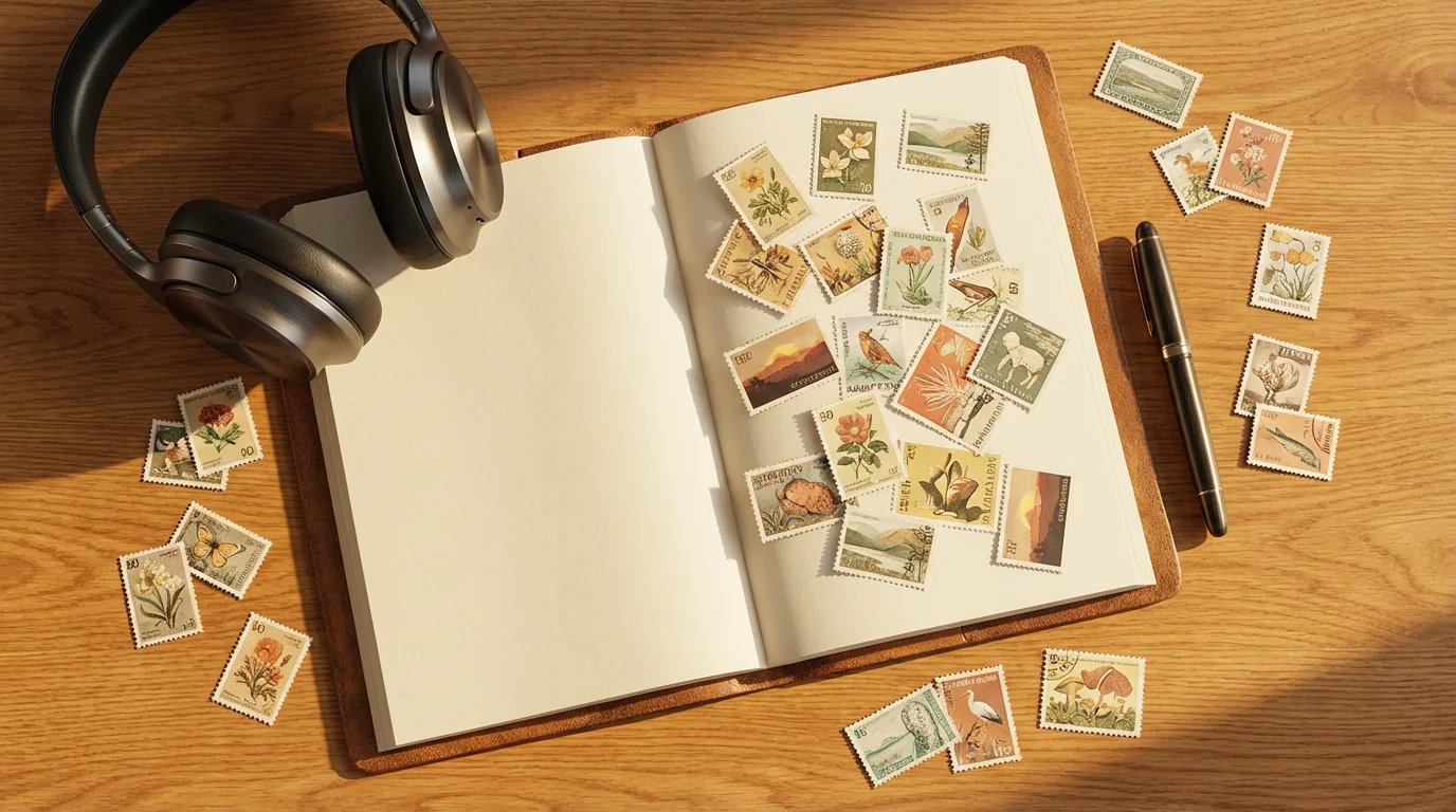 Flat lay of headphones, a notebook, and international postage stamps on a desk.