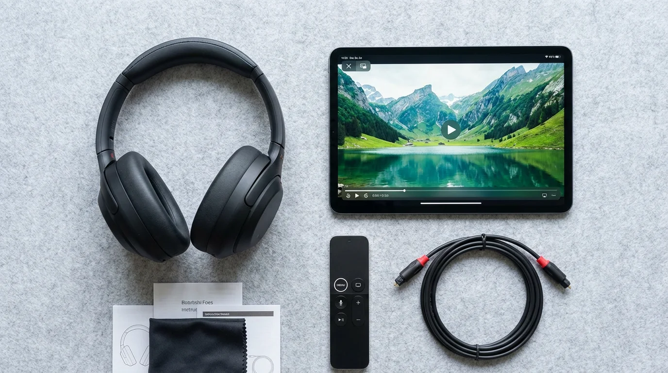 Flat lay of headphones, a tablet, and a remote for streaming audio troubleshooting.
