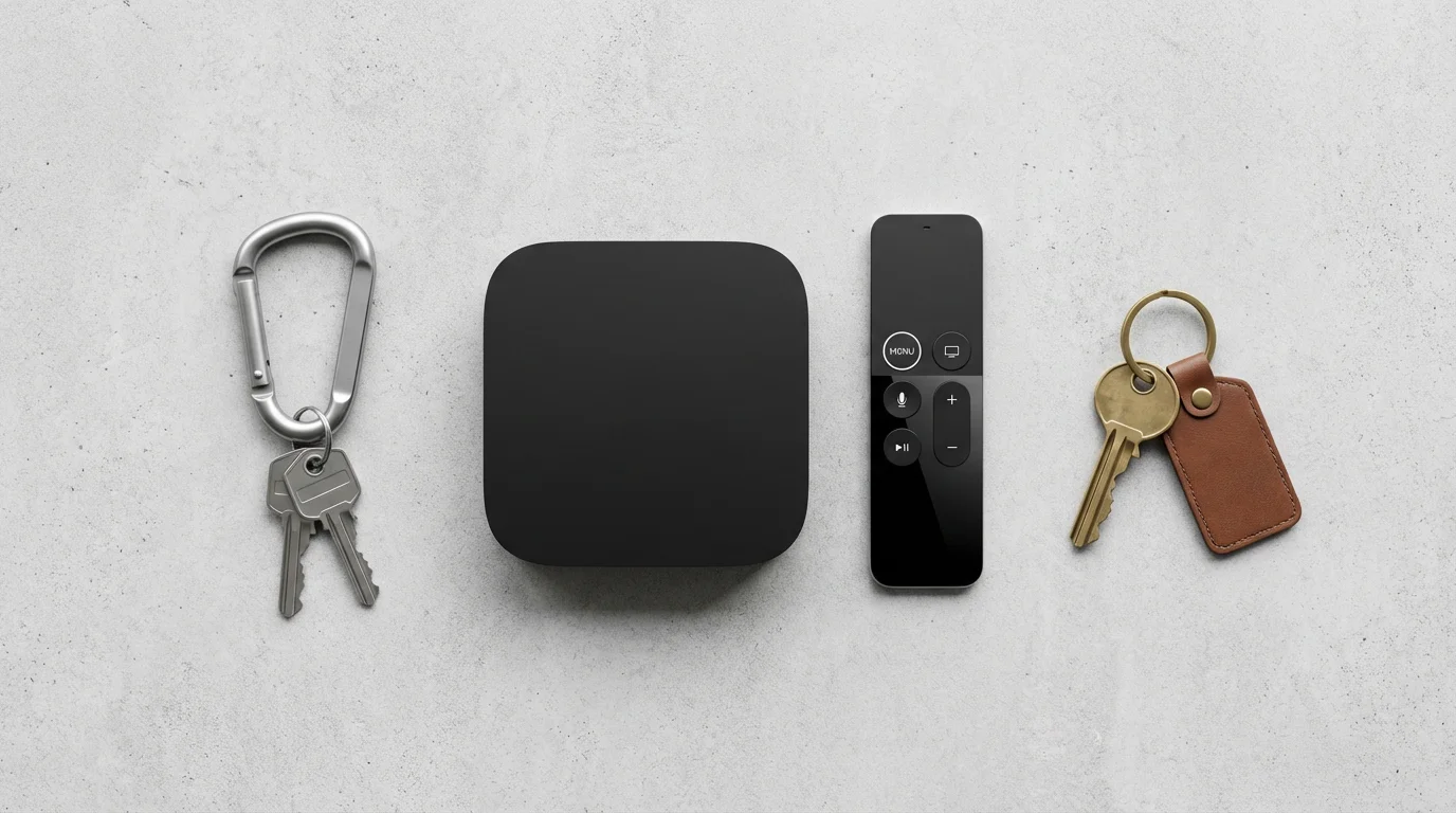 Flat lay of house keys and streaming devices representing household media account sharing.