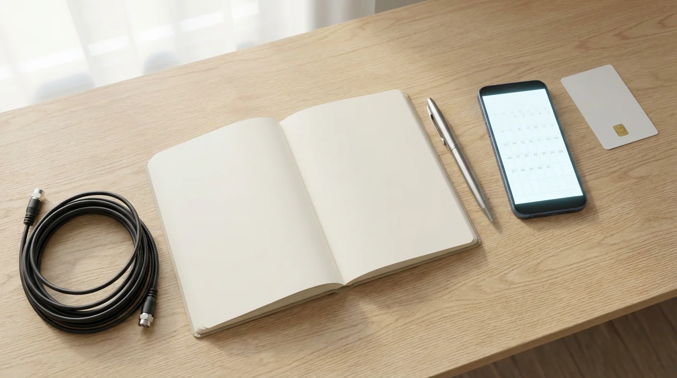 Flat lay of items for organizing cable cancellation: notebook, phone, and coaxial cable.