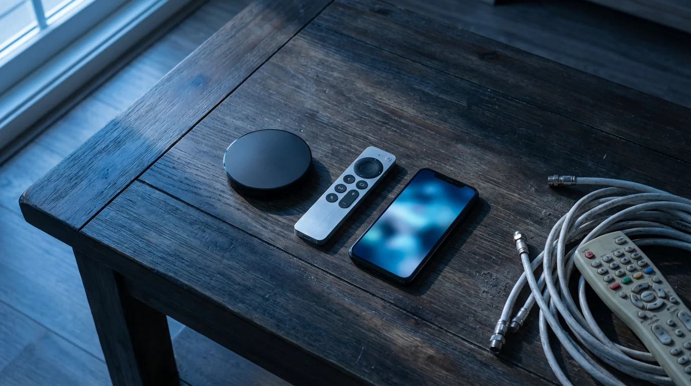 Flat lay of modern streaming devices next to an old cable remote and cord.