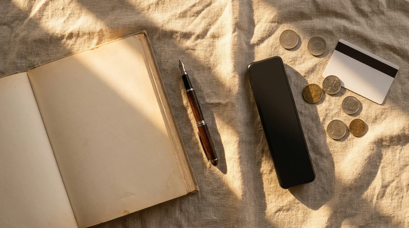 Flat lay of notebook, remote control, and coins on linen table in warm sunlight.