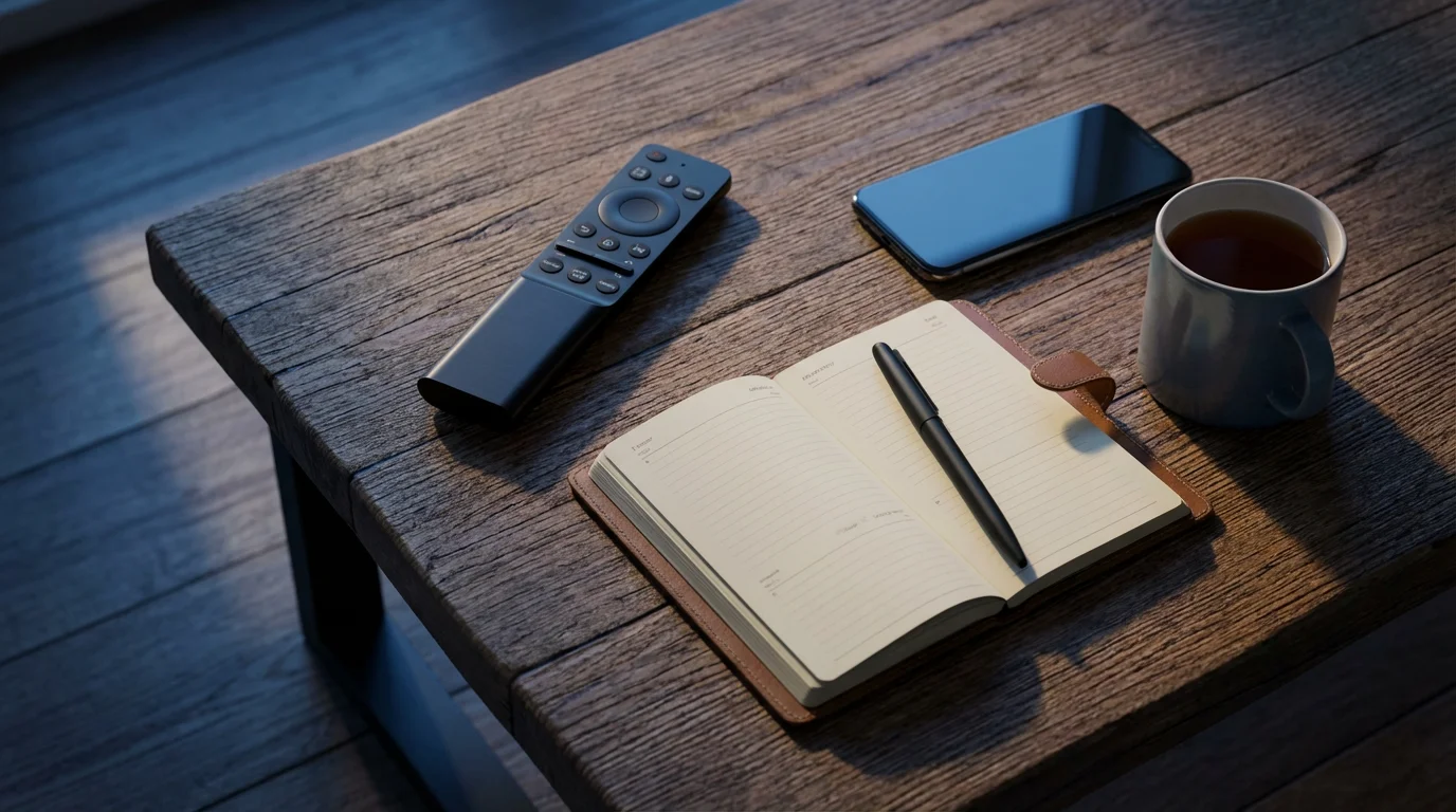 Flat lay of remote control and planner on a coffee table in evening light.
