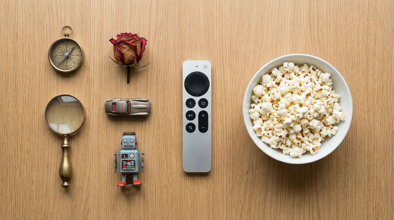 Flat lay of remote control, popcorn, and genre props arranged in a grid.