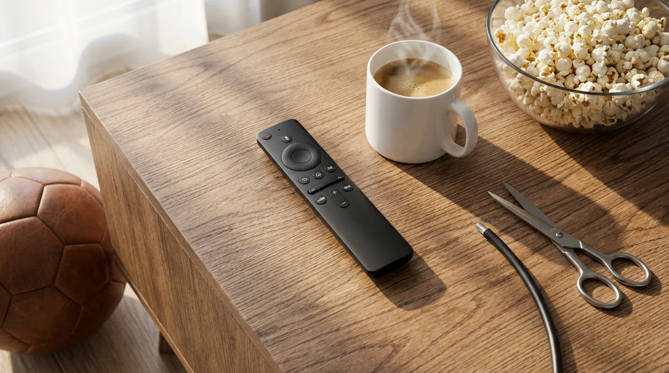 Flat lay of remote, popcorn, soccer ball, and cut cable on coffee table