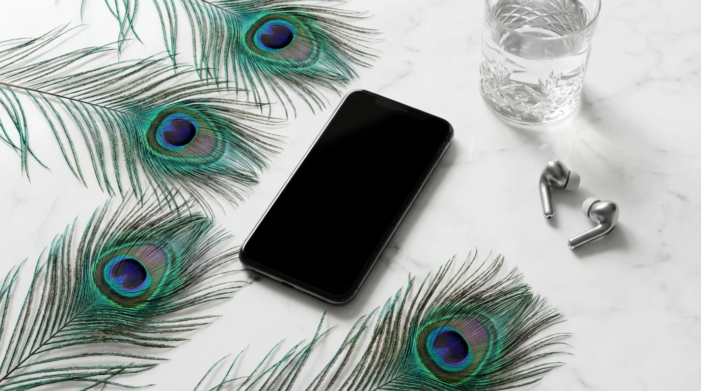 Flat lay of smartphone surrounded by peacock feathers on marble table symbolizing streaming tiers.