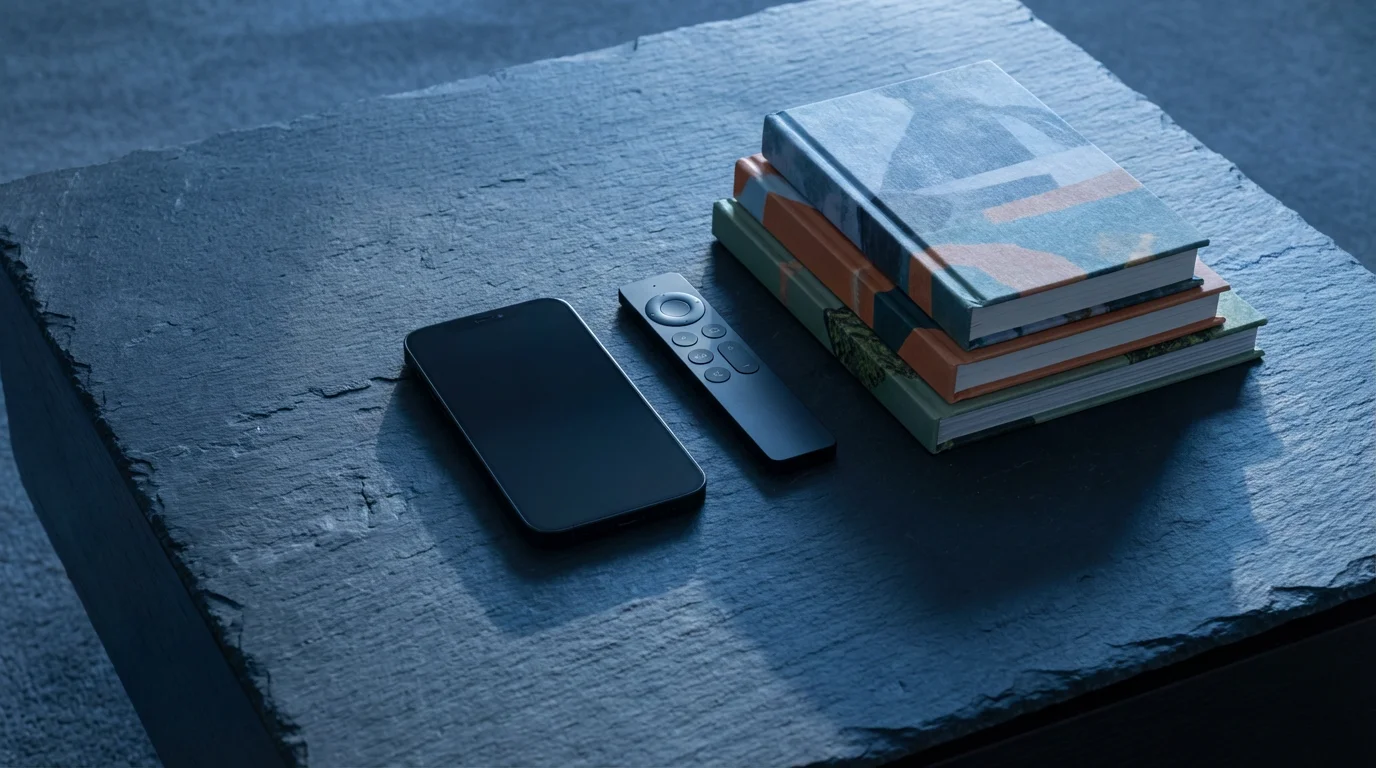 Flat lay of smartphone, TV remote, and children's books on a slate table.