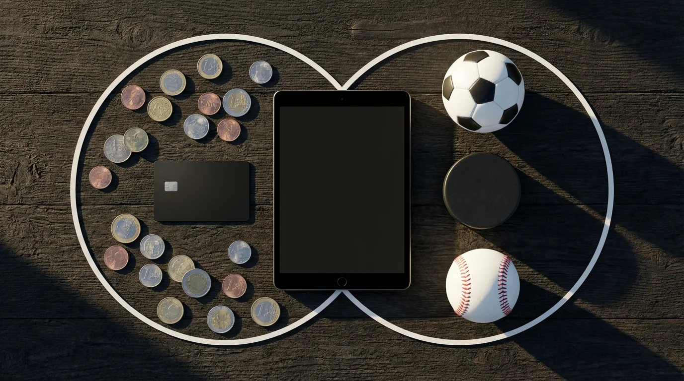 Flat lay of sports equipment and money arranged to weigh the value of streaming.