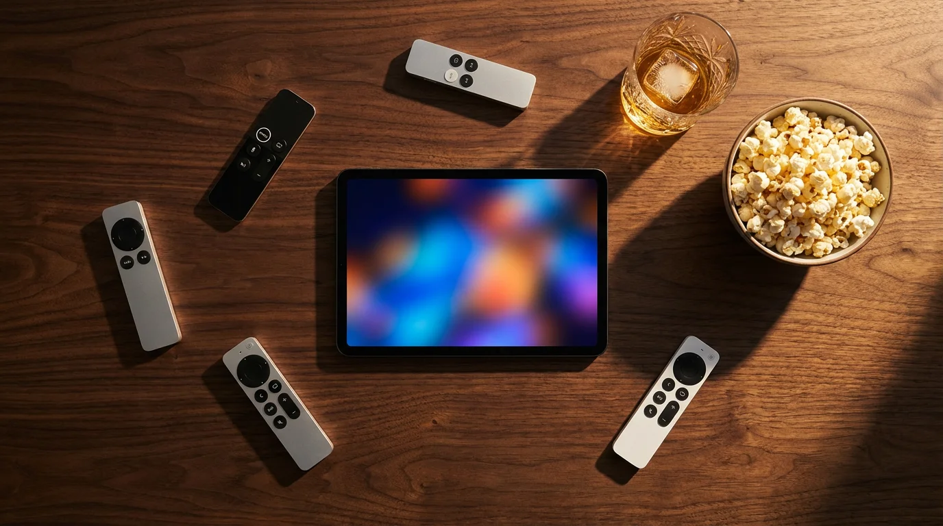 Flat lay of tablet and multiple remotes on dark wood table symbolizing streaming competition.