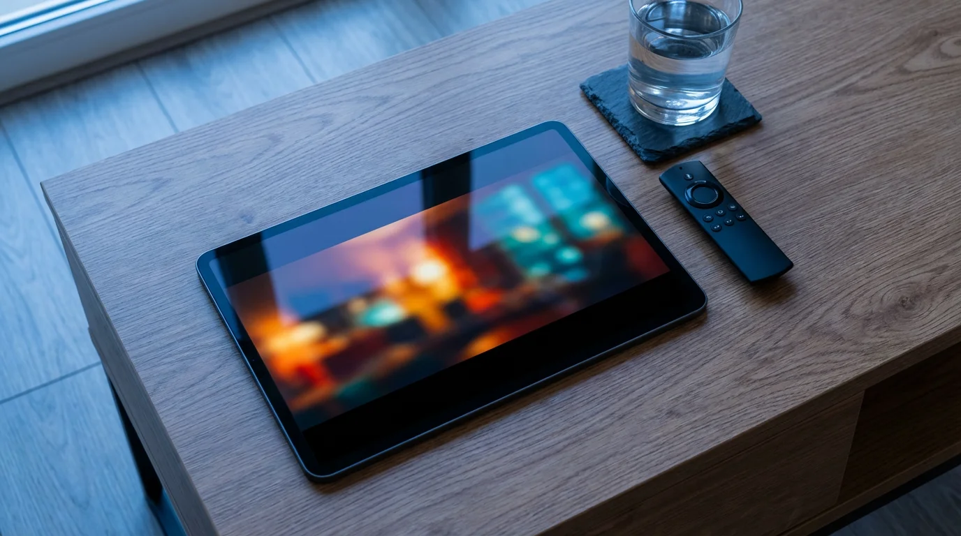 Flat lay of tablet and remote on coffee table under cool evening lighting.
