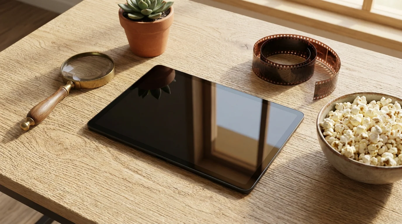 Flat lay of tablet, popcorn, magnifying glass, film strip, and plant on wooden table.