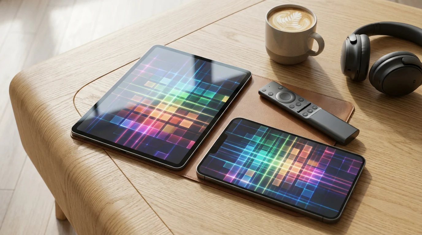 Flat lay of tablet, smartphone, and remote control on wooden table with natural window light.