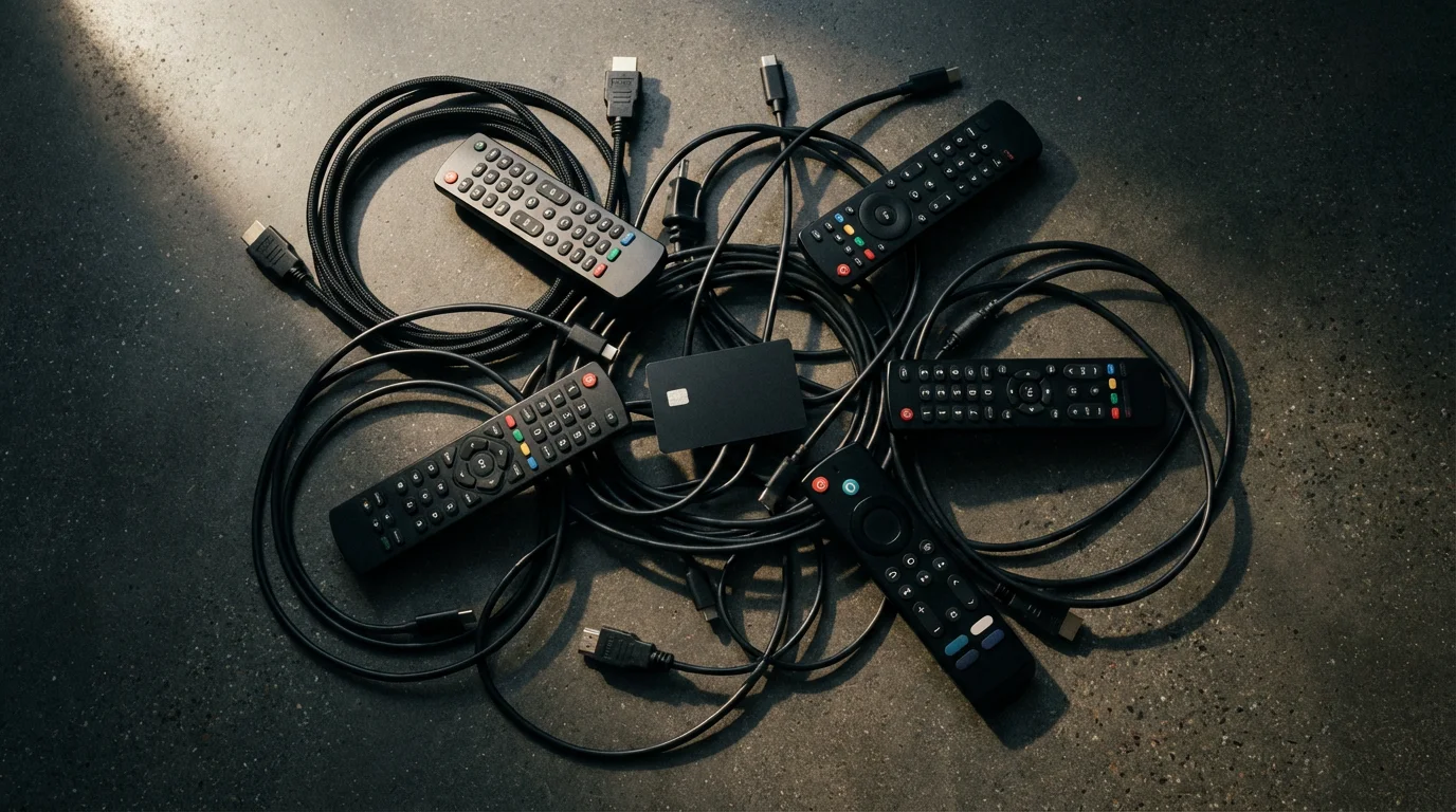 Flat lay of tangled black cables, TV remotes, and a credit card.