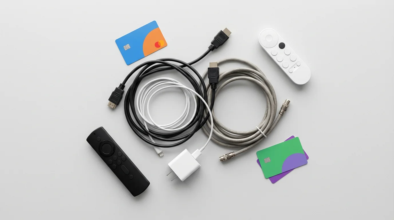 Flat lay of tangled cables, streaming remotes, and credit cards representing cord-cutting mistakes.