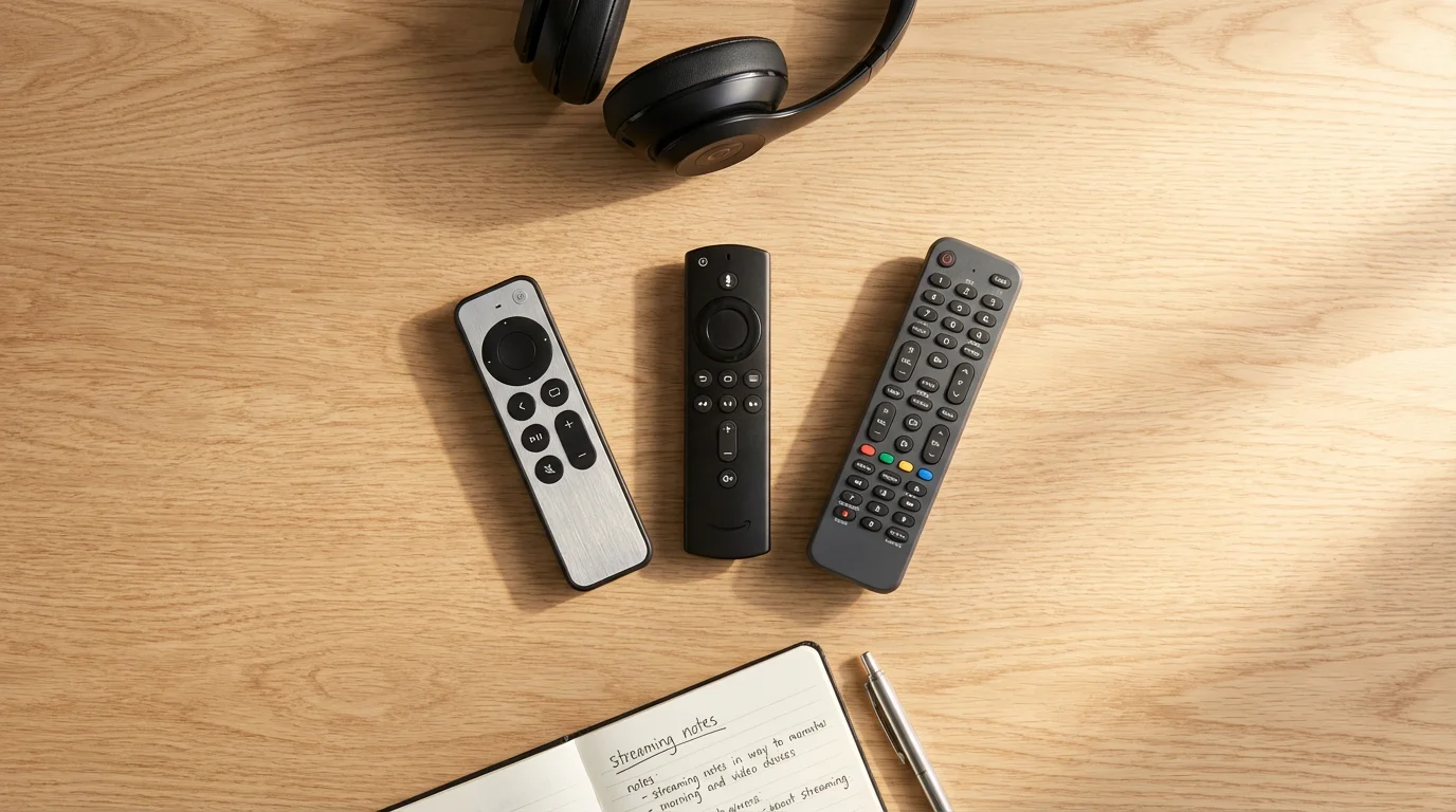 Flat lay of three different streaming device remotes on a wooden desk for comparison.