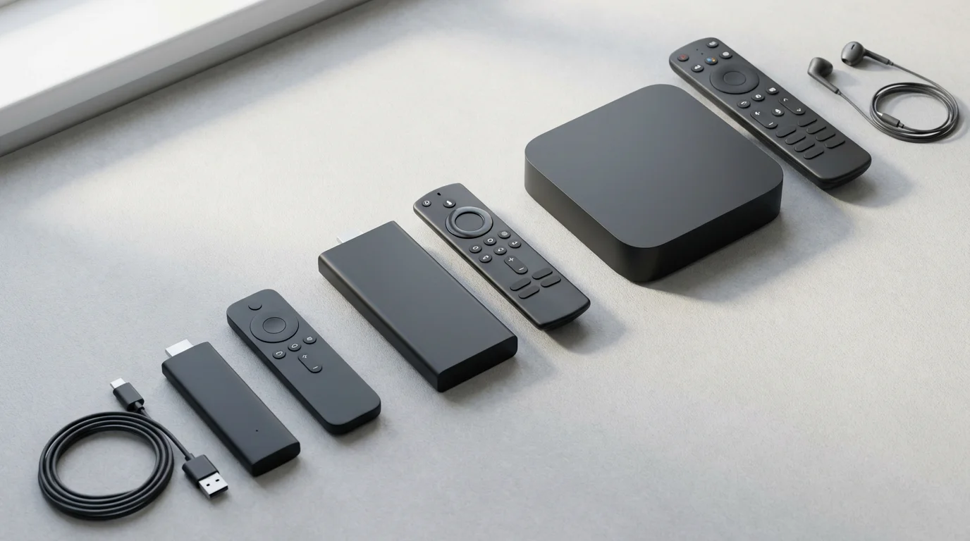 Flat lay of three different streaming media devices and their remotes on a table.