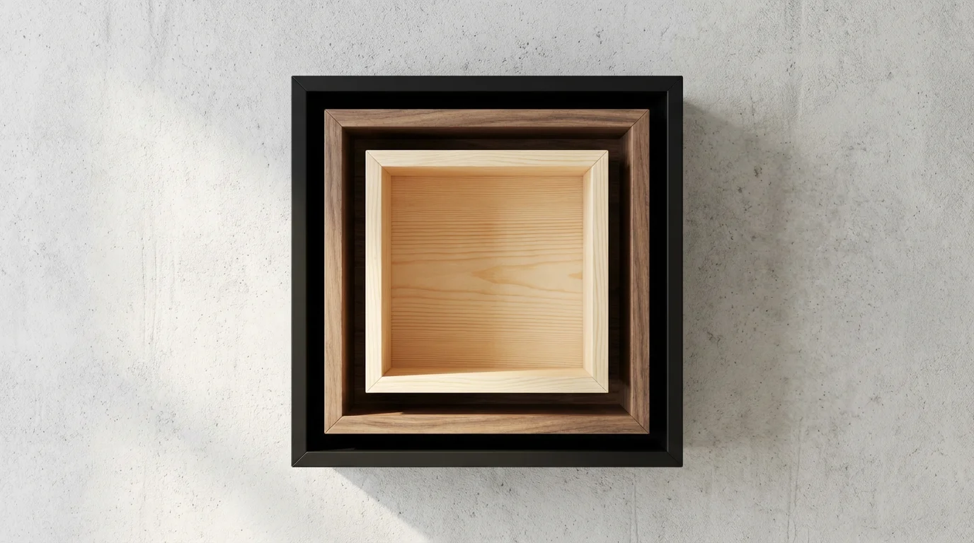 Flat lay of three nested open boxes made of different materials representing subscription tiers.