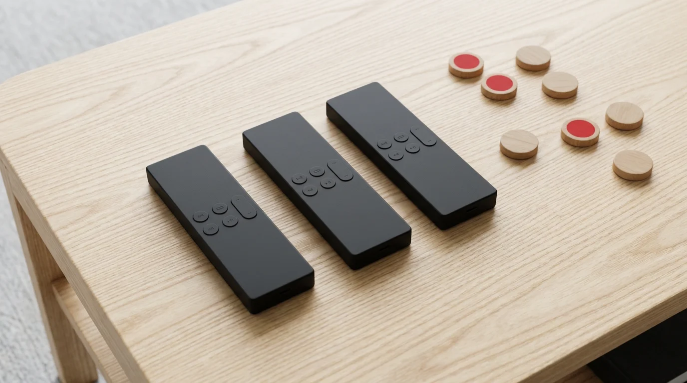 Flat lay of three remote controls and circular tokens on a modern wooden table.