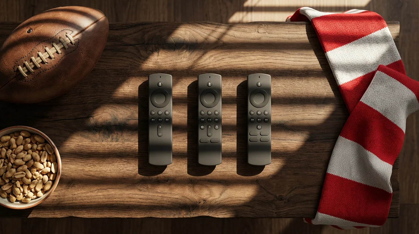 Flat lay of three TV remotes, a vintage football, and a team scarf on a wooden table with dramatic shadow lines.