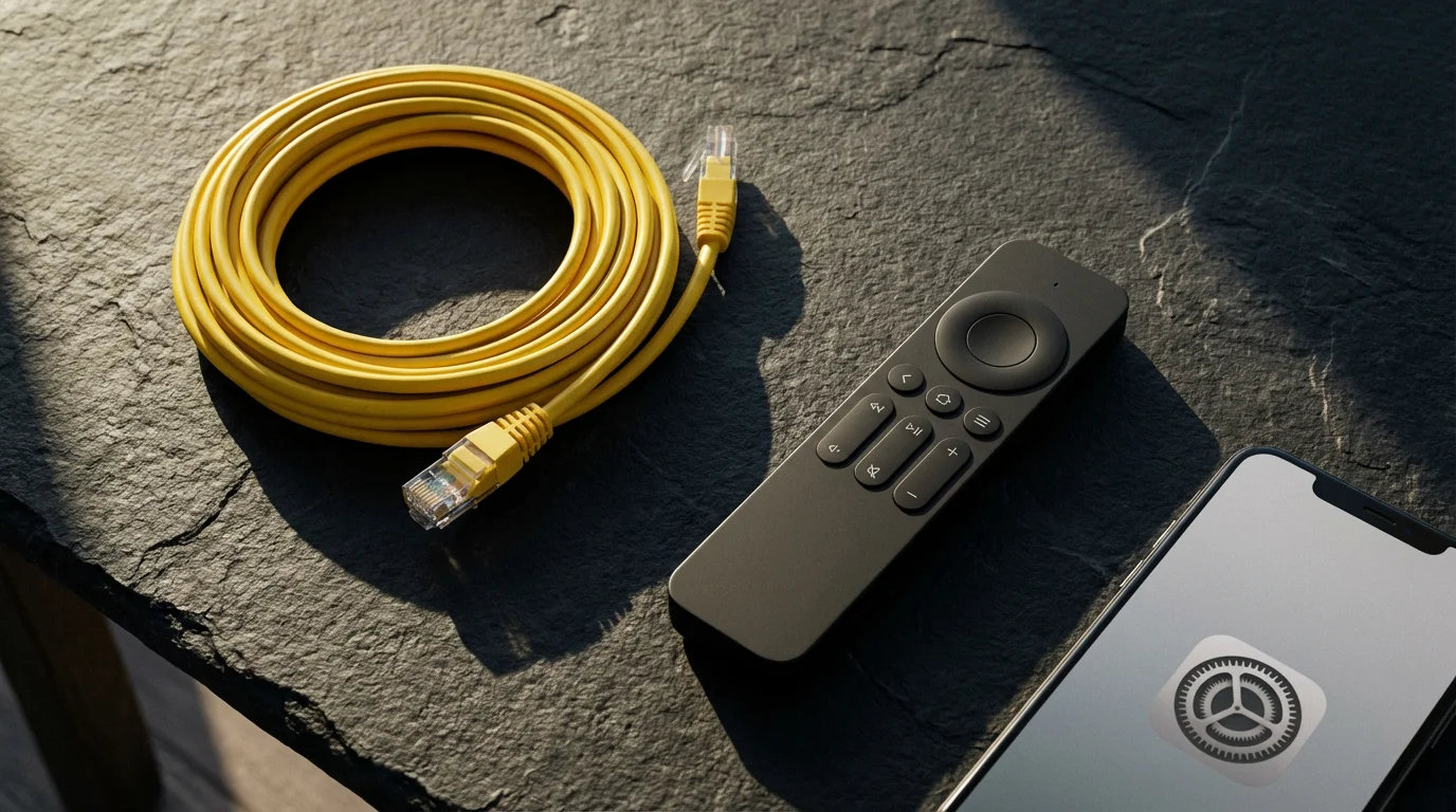 Flat lay of TV remote, ethernet cable, and phone with settings icon.