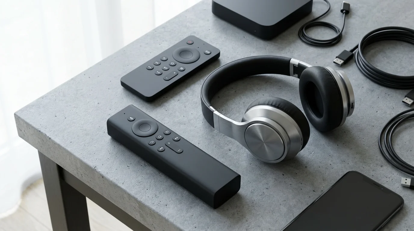 Flat lay of TV remote, soundbar remote, and wireless headphones for an optimized setup.