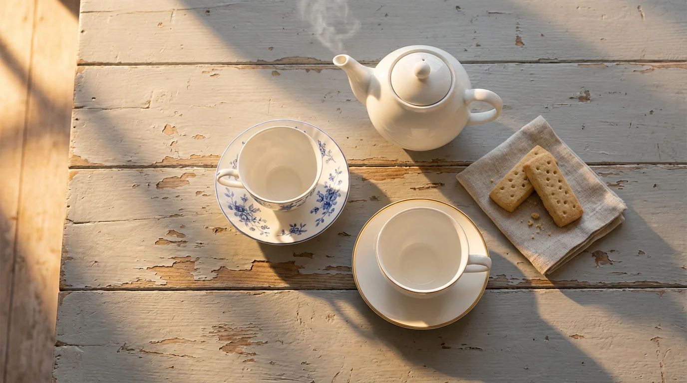 Flat lay of two different British teacups and a teapot on a wooden table.