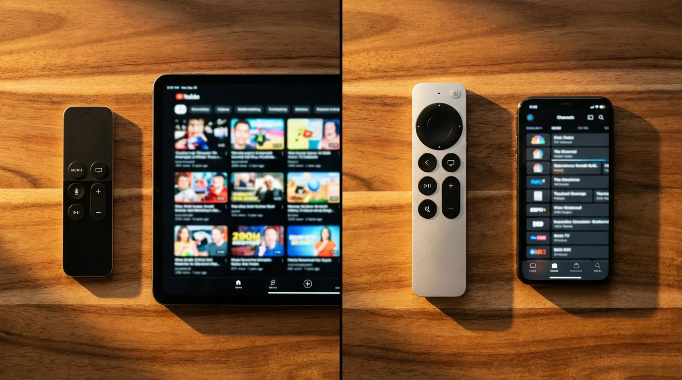 Flat lay of two remotes and devices showing different streaming interfaces during golden hour.