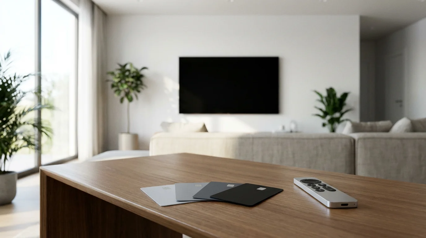 Four different colored credit cards and a TV remote on a coffee table in a sunlit living room.