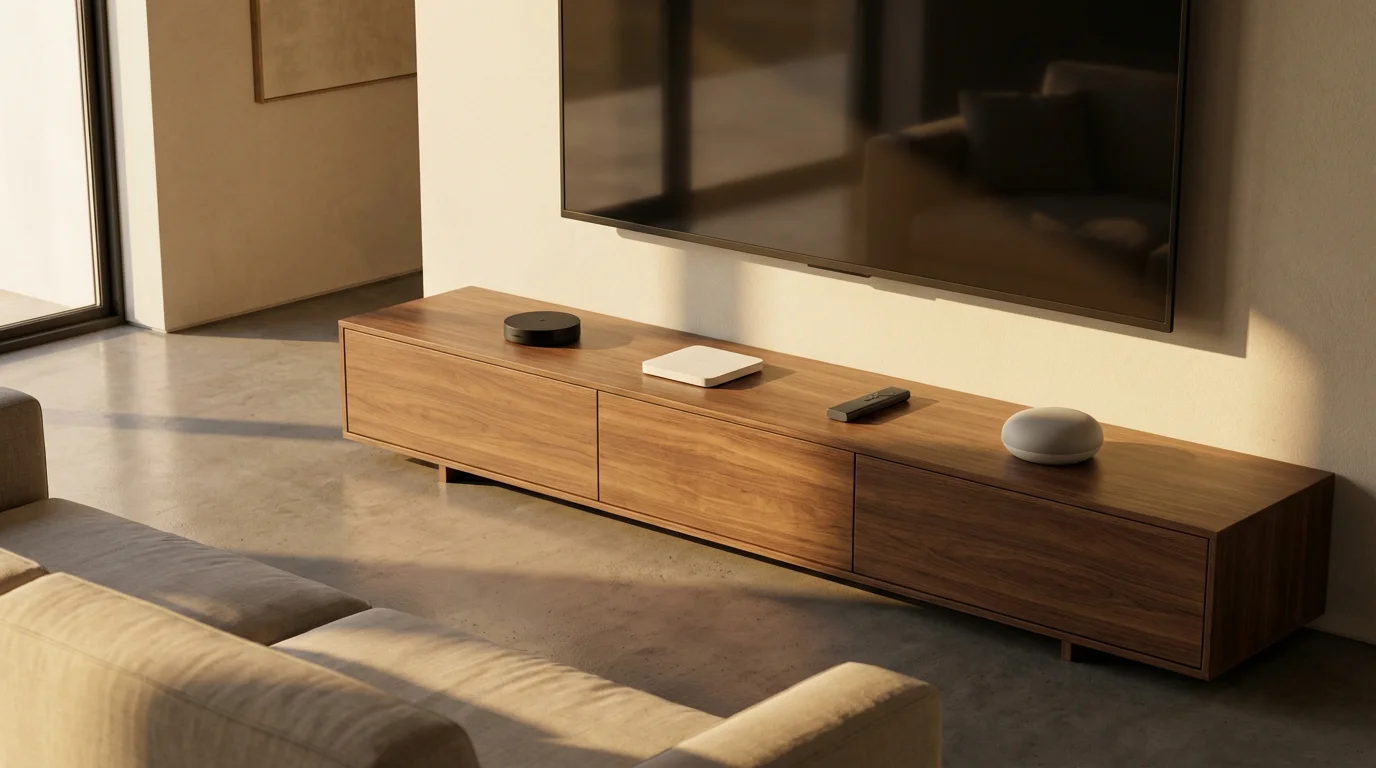 Four generic streaming devices on a media console in a modern living room at sunset.