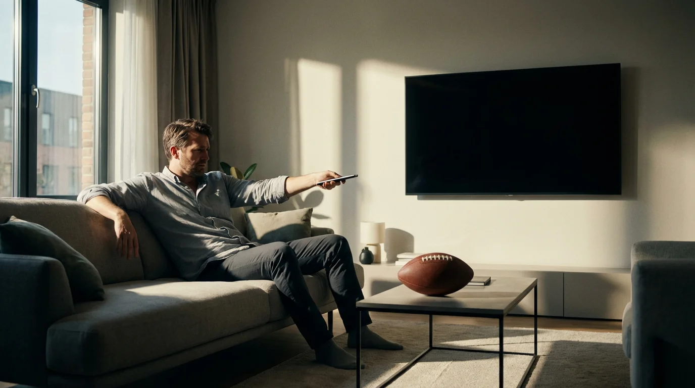 Frustrated man with football on coffee table unable to watch game on blank TV.