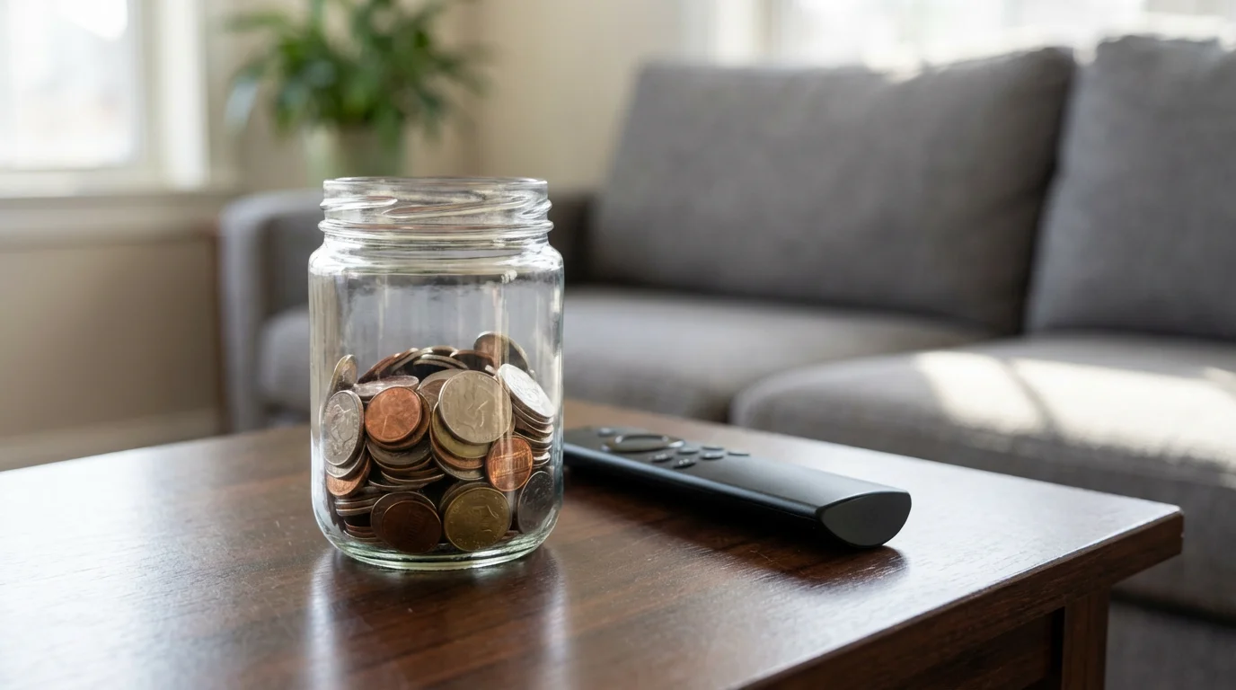 Glass savings jar with coins next to a TV remote on a wooden side table.