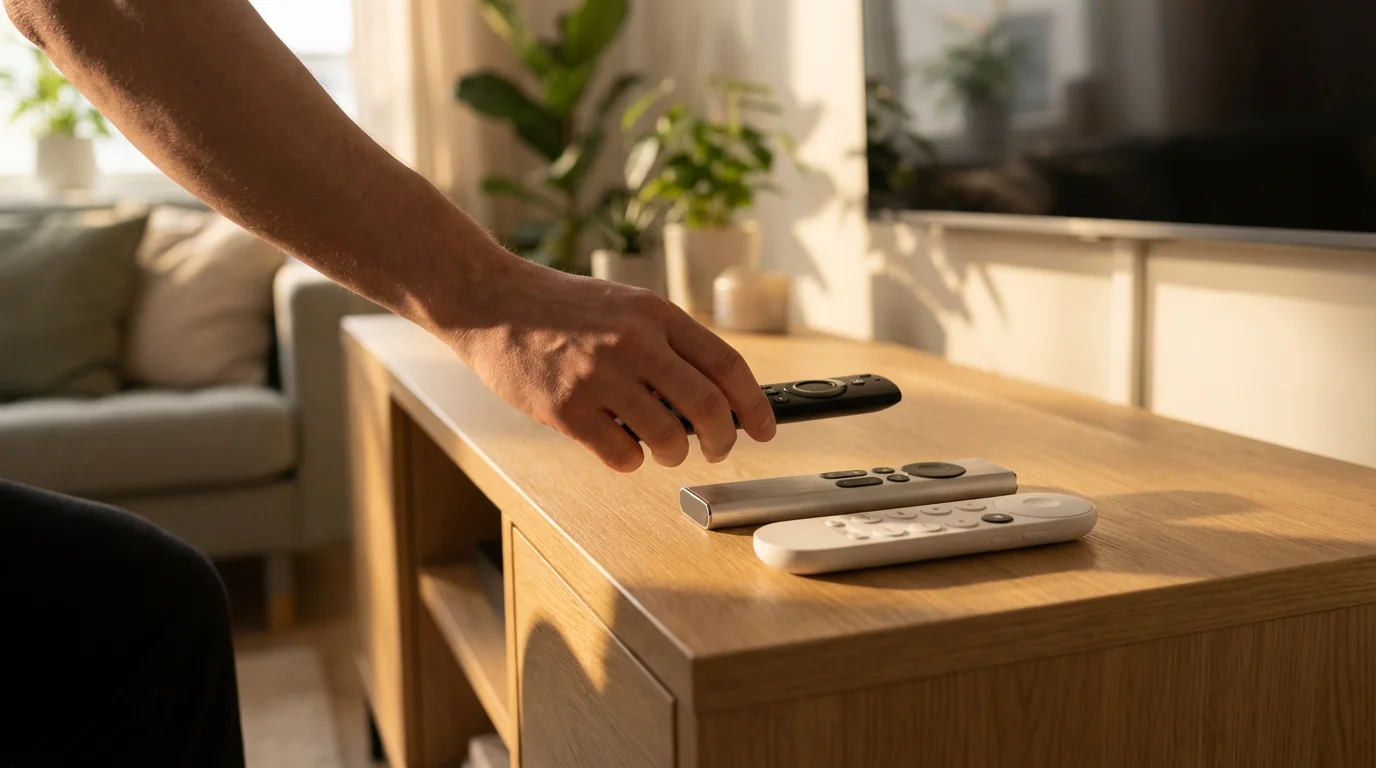 Hand choosing one remote from an organized row of generic streaming remotes on a console.